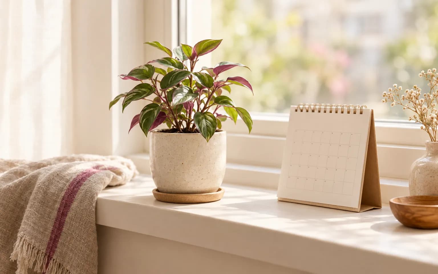 Vaso de planta e um calendário de mesa sobre o parapeito de uma janela, com luz natural suave