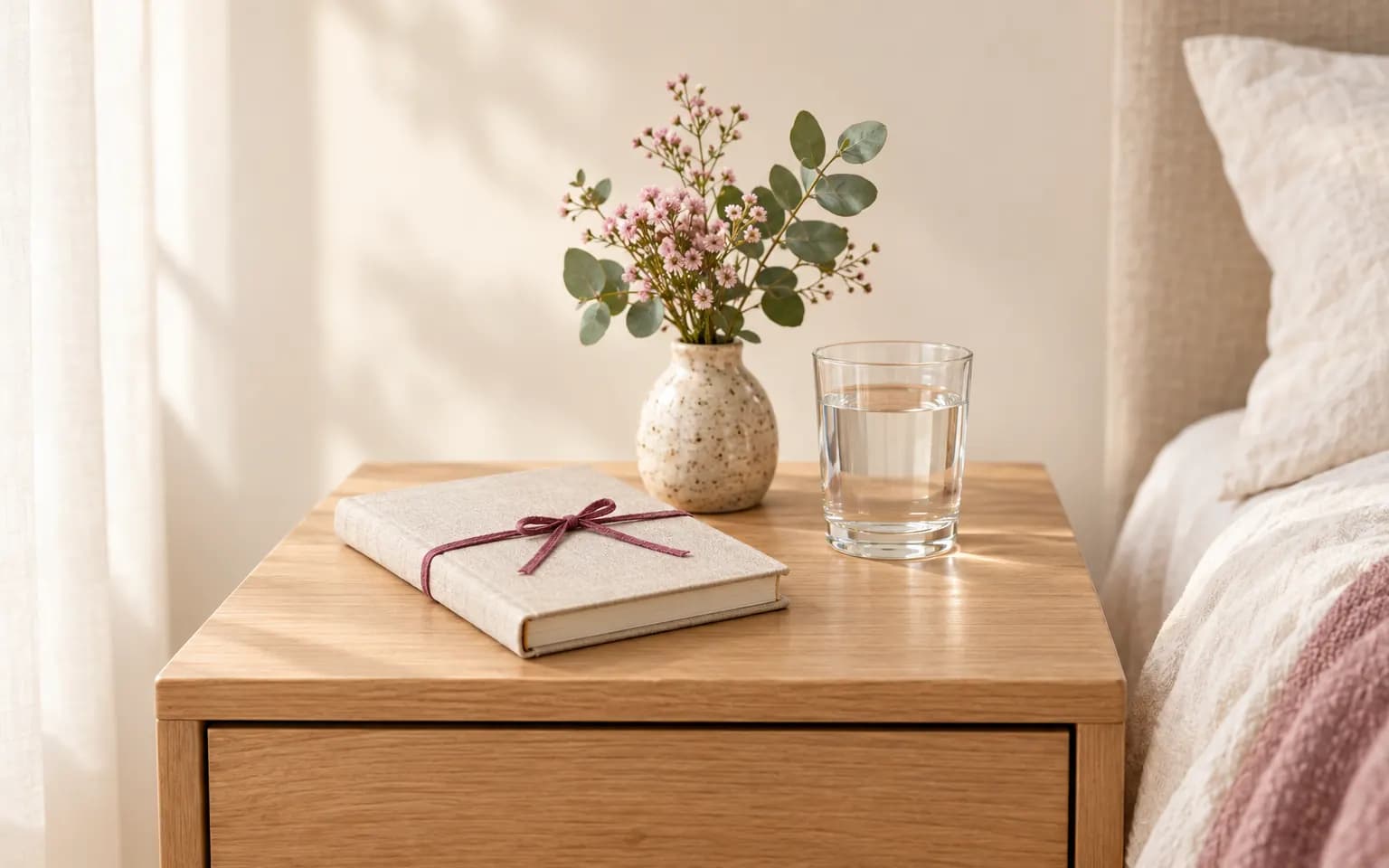 Caderno de capa de linho amarrado com fita cor de amora, copo de água e vaso com flores miúdas sobre criado-mudo de madeira clara ao lado da cama.